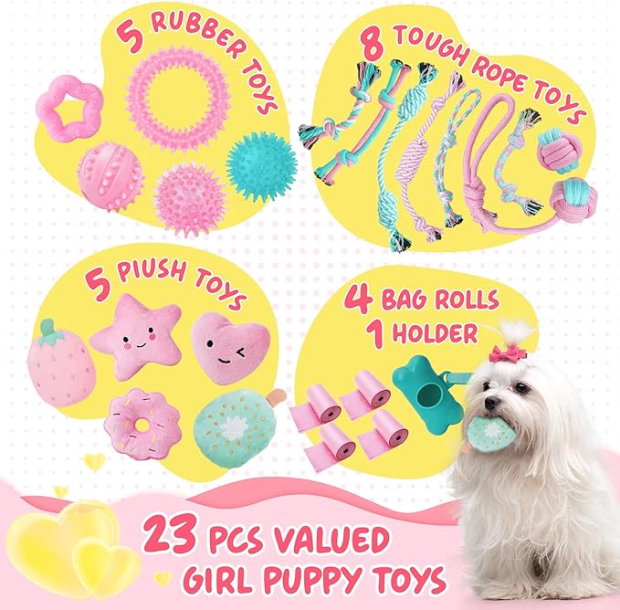 XIUGOAL Pink Puppy Toys for Boredom - 23 Pack Puppy Chew Toys for Teething, Interactive Dog Toys for Puppies, Cute Small Dog Toys with Treat Ball, Squeaky Dog Chew Toys and Ropes