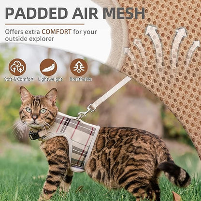 PUPTECK Soft Mesh Cat Vest Harness and Leash Set Puppy Padded Pet Harnesses Escape Proof for Cats Small Dogs Rabbits Bunny, Plaid Beige, XL