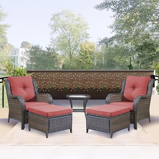 Outdoor Patio Furniture Chairs Set - 5 Piece Wicker Rattan Patio Sectional Conversation Sets with 2 Armrest Chairs,2 Ottomans and 1 Side Table for Porch Deck Balcony Backyard Garden(Brown/Red)
