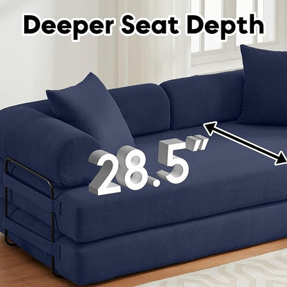 Convertible Sleeper Sofa Bed with Cylindrical Pillow, Corduroy Folding Boneless Couch with Fixed-Shape Frame, Floor Sofa Lounge Couch for Living Room Bedroom Lounge Studio-Blue
