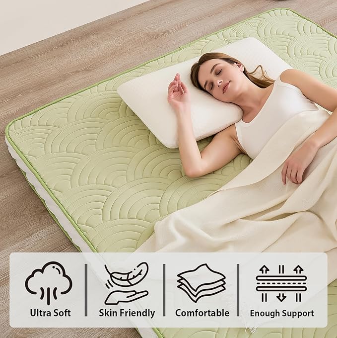 Zelladorra Japanese Floor Mattress, Quilted Futon Mattress with Anti-Slip Bottom, Foldable Floor Bed with Storage Bag and Straps, (Green, Queen)