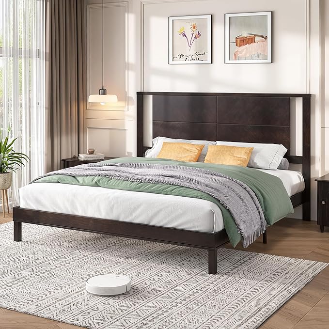 AMERLIFE Solid Wood King Size Bed Frame with Headboard, Mid Century Modern Style Platform Bed with Under-Bed Storage, No Box Spring Needed, Noise Free, Easy Assembly, Dark Brown