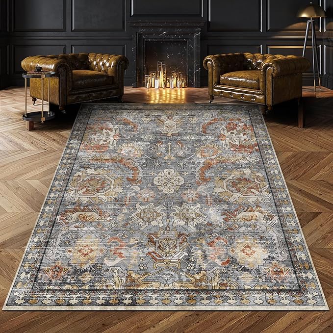 RUGSURE Washable Area Rugs - Perfect for Living Room, Bedroom, Kids Room, Nursery - Stain & Water Resistant Non-Slip, Pet & Child Friendly, Vintage Tribal Area Rugs (Turmeric and Grey, 4' x 6')