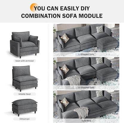 Apicizon 143" Cloud Couch Sectional, 4-Seat Deep Sofa Couch with Ottoman, Modern U Shape Sectional Cloud Sofa Corduroy for Living Room, Apartment, Office, Grey