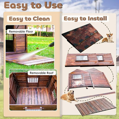 Extra Large Dog House Outdoor Outside Insulated Dog Kennel Weatherproof Pine Wood Pets Home with Elevated Floor,Lockable Door,Adjust Windows,Easy to Clean for Medium Large Dogs