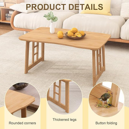 Japanese Folding Coffee Table,Bamboo Foldable Low Table for Sitting On Floor,Collapsible Floor Tea Tables,Portable Meditation Table for Tatami Living Room Bay Window Office Apartment (Wood color)