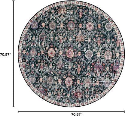 Lahome Moroccan Trellis Washable Round Area Rug, Soft Round Rugs 6ft Ultra-Thin Non-Slip, Vintage Large Circle Carpet for Bedroom Living Room Kitchen Nursery, Black/Multi