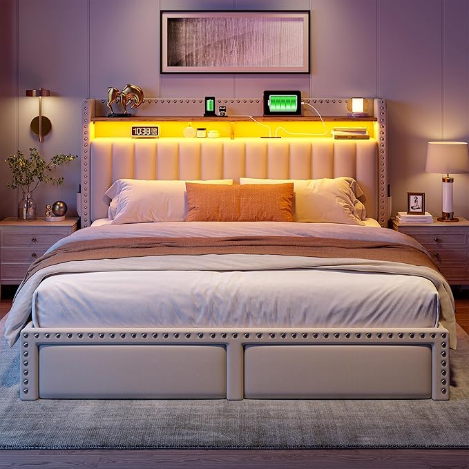 EnHomee Queen Bed Frame with 2 Storage Drawers, Upholstered Platform Bed with LED Lights and Charging Station, Sturdy Wooden Slats Support, No Box Spring Needed, Noise Free, Beige