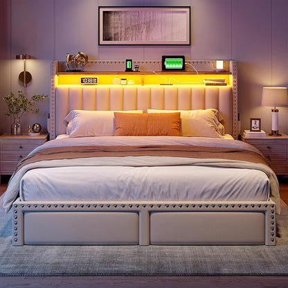 EnHomee Queen Bed Frame with 2 Storage Drawers, Upholstered Platform Bed with LED Lights and Charging Station, Sturdy Wooden Slats Support, No Box Spring Needed, Noise Free, Beige