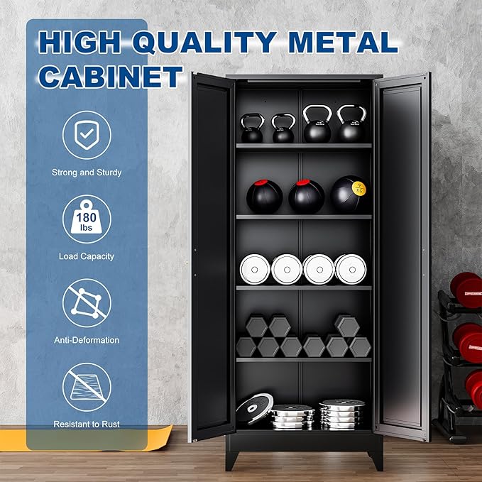 Black Tall Farmhouse Metal Pantry Linen Storage Cabinet and Organizers