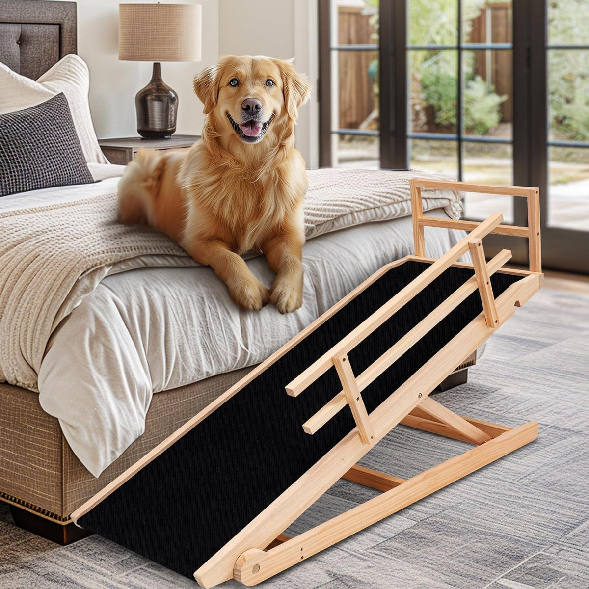 Dog Ramp, 5 Level Adjustable Height Folding Pet Ramp for High Bed, Portable Paw Ramps Large Bed Ramp for Medium & Large Old Dogs & Cats - Natural Wood Furniture Quality