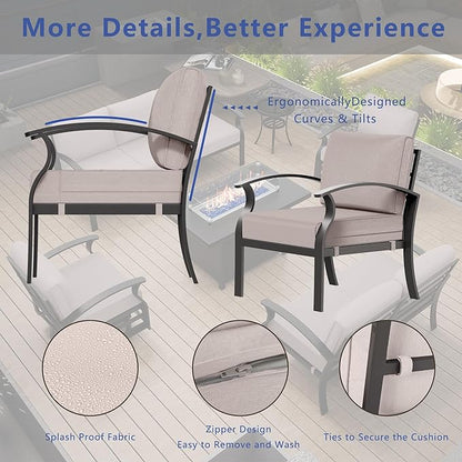 RTDTD Aluminum Outdoor Patio Furniture Set,4 Pieces 7 Seats Patio Conversation Sets with 45" Propane Fire Pit Table,Metal Patio Sectional Furniture Set w/5.1" Cushions for Porch,Deck,Backyard,Sand
