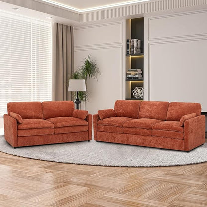 2 Pieces Chenille Sofa Set w/Arm Pillows, Upholstered Loveseat & 3 Seater Sofa w/Comfortable Back Cushions, Modern 2-Seat & 3-Seat w/High-Density Foam for Living Room, Apartment, Orange