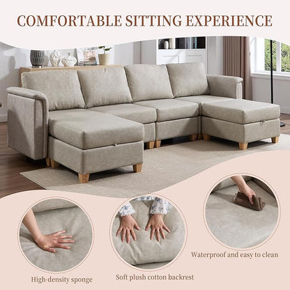 Modular Sectional Sofa,Modern U Shaped Sectional Couches for Living Room,6 Seat PU Leather Deep Seat Sectional Cloud Couch with Storage,Beige