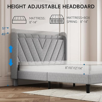 koorlian Full Size Bed Frame, Full Bed with Headboard, Adjustable Upholstered Bed Frame with Type-C&USB Port, Wingback Storage Headboard, Noiseless, No Box Spring Needed, Light Gray
