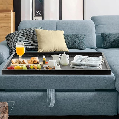 40 x 24 Inches Extra Large Solid Wood Serving Tray for Tea Coffee Table Snack Food Meals Serving Plate Kitchen Party Bar Breakfast Server with Raised Edges Black Wooden Decorative Ottoman Tray