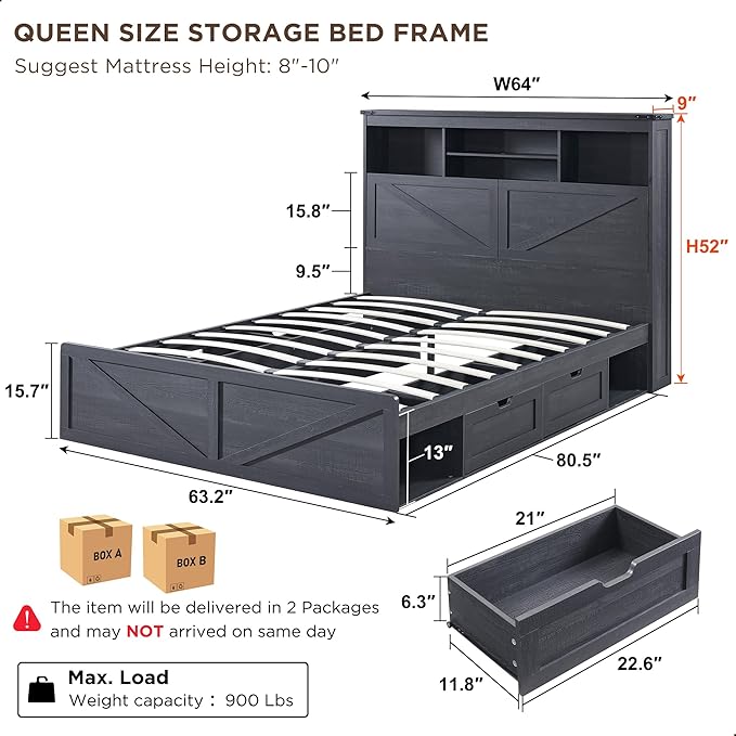 ACCOHOHO Queen Size Wood Bed Frame Farmhouse with 52" Tall Storage Bookcase Headboard, LED Light,Charging Station,4 Drawers and Solid Wood Slats Support,Noiseless,No Box Spring Needed - Black