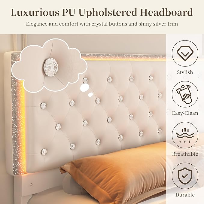 King Led Bed Frame with 2 Drawers, Modern Heavy Duty Upholstered Platform King Size Bed Frames with Crystal Button Tufted Headboard, Solid Slats, Noise Free, No Box Spring Needed, PU White