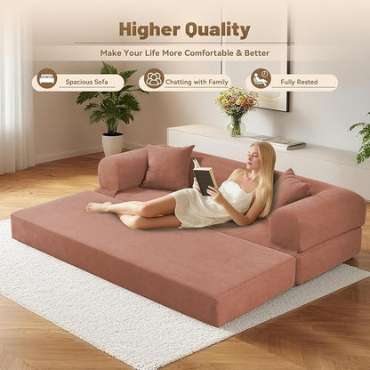 Convertible Folding Sofa Bed,80" Pull Out Couch with Pillows & Storage Pocket,Modular Futon Bed Corduroy Queen Sleeper Sofa in a Box,Compression Boneless Couch for Living Room,Pink