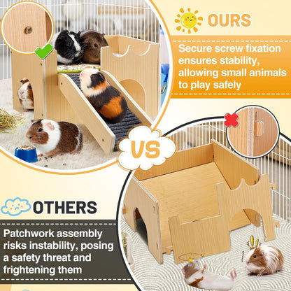 Upgraded Guinea Pig Castle, Sturdy Wooden Guinea Pig Hideout, Small Animal House Bed Hut Habitats with Stairs, Easy to Assemble for Hamsters Bunny Chinchillas Playing Hiding