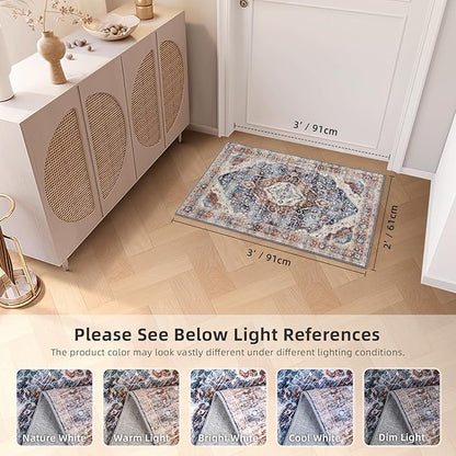 2x3 Washable Boho Rug Small Area Rugs for Entryway Bedroom Bathroom Kitchen Lliving Room, Soft Flower Rugs Low Pile Non-Slip Rubber Backing(Border Brown/Navy Blue)