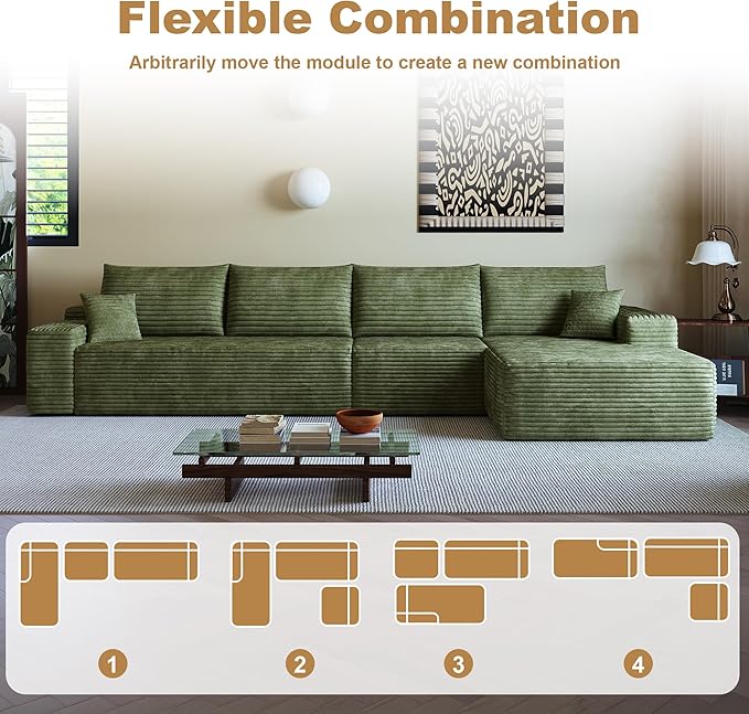 136" Sectional Couches for Living Room Modern Modular Sofa with L-Shape Couchs Upholstered Boneless Couch Deep Seat Sectional Couch with Chaise (Green, Right Facing Chaise+3Seaters)