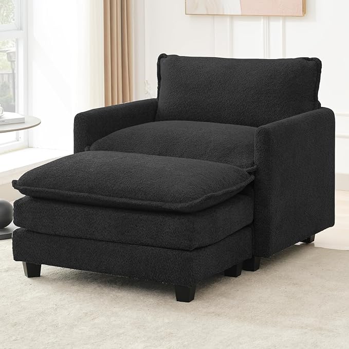 ROWHY Convertible Sectional Couch with Ottoman, Single Armchair with armrests, Modern Living Room Furniture Set, Small Couches for Small Spaces, for Living Room, Chenille, Black
