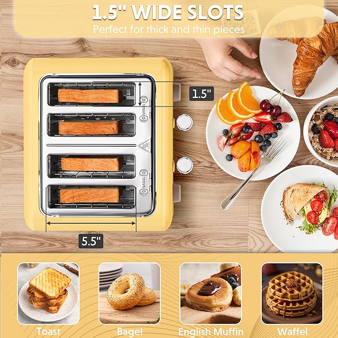 BUYDEEM DT640 Retro 4 Slice Toaster, 7 Shade Settings, Extra Wide 1.5'' Slots