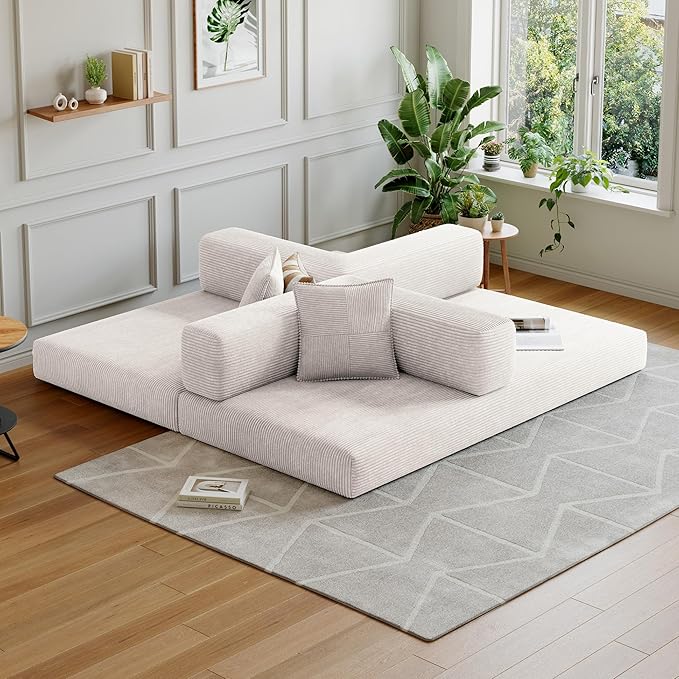 78.8''Convertible Sleeper Sofa Bed,Compressed Floor Boneless Couch,Modular Modern Corduroy Sofa for Living Room Bedroom -with Fixed-Shape Frame and Support Armrest,Easy Assembly(White