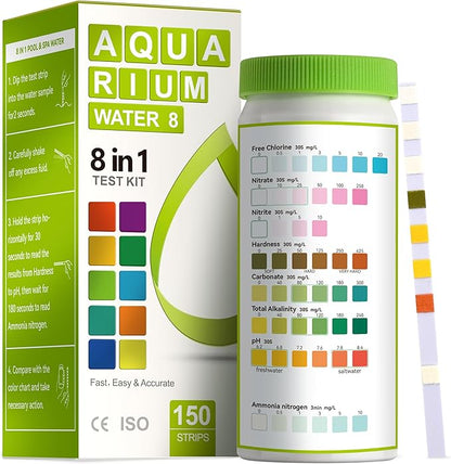 AAwipes 8-in-1 Aquarium Test Kit (150 Strips) for Freshwater & Saltwater - Quick & Accurate Water Testing for Aquariums & Ponds. Tests Free Chlorine, Hardness, pH, Ammonia Nitrogen, etc. (K02-150)