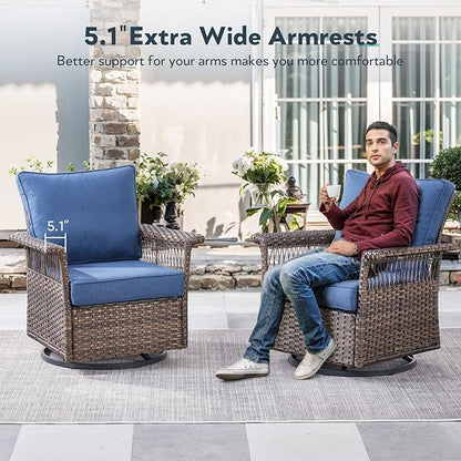 6 Pieces Wicker Patio Furniture Set - Hollow Widen Armrests Outdoor Swivel Glider Chairs and 3 Seat Sofa with Coffee Table & Ottomans for Balcony Porch Deck and Yard - Brown/Blue