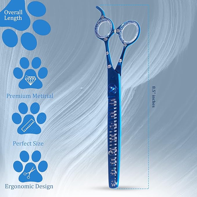 Professional Dog Grooming Chunker Shears/Scissors with Paw Prints for Dogs, Cats & Pets (Right Handed, Blue, Stainless Steel 8 Inch)
