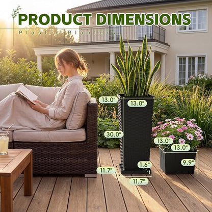 Devoko Resin Tall Planters for Outdoor Plants Set of 2, Large Taper Outdoor Planter Pots with 4 Drainage Holes, Flower Pots Modern Decor for Porch, Patio, Backyard, Garden(Black, 30'' with Trays)