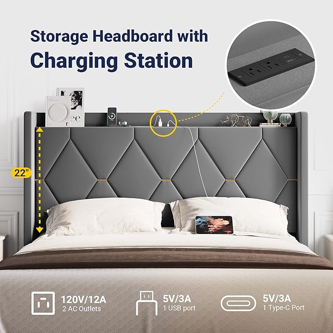 Allewie Velvet Full Size Upholstered Bed Frame with Wingback Storage Headboard & Charging Station, Platform Bed with Diamond Tufted Design & Gold Trim, No Box Spring Needed, Easy Assembly, Grey