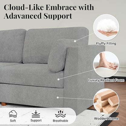 CUGOAO 118'' Modular Sectional Sofa Bed, Oversized Sectional Couch, Deep Seat Chenille Cloud Couch, Removable Cover, Mordern Upholstered Couches for Living Room, Apartment, Office, Grey