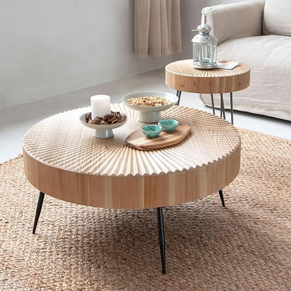 COZAYH 2-Piece Round Nesting Coffee Table Set, Natural Wood Top with Black Metal Legs, Radial Pattern – Rustic Farmhouse Accent for Living Room or Bedroom – Space-Saving Modern Furniture