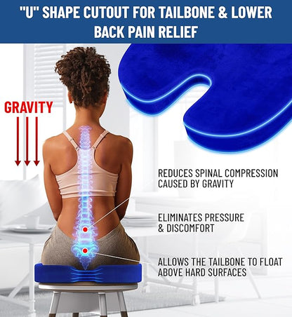 Everlasting Comfort Doctor Recommended Memory Foam Seat Cushion for Office Chairs & Car - Ergonomic Office Desk Accessories - Cushions for Tailbone Pain Relief, Sciatica (Blue, Large)