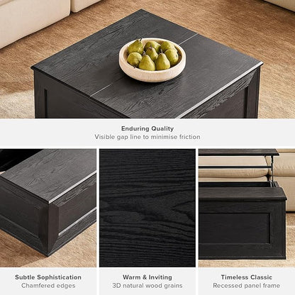 mopio Blake Lift Top Coffee Table with Storage, Modern Farmhouse Square Wood Center Coffee Table with Easy Lifting Top, Chamfered Edge & Soft Closing (Black Oak)