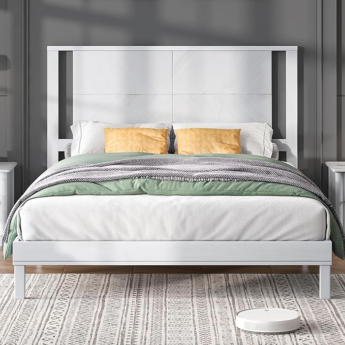AMERLIFE Solid Wood Queen Size Bed Frame with Headboard, Rustic Style Platform Bed Frame with Under-Bed Storage, No Box Spring Needed, Noise Free, Easy Assembly, Antique White