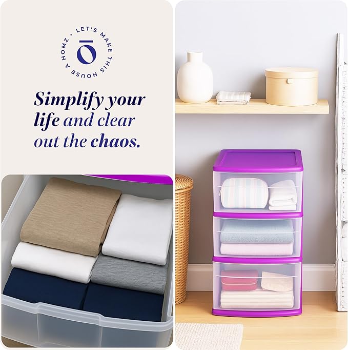HOMZ 2-Pack Drawer Tower, 3-Tier Clear Plastic Storage Organizer Cart, and