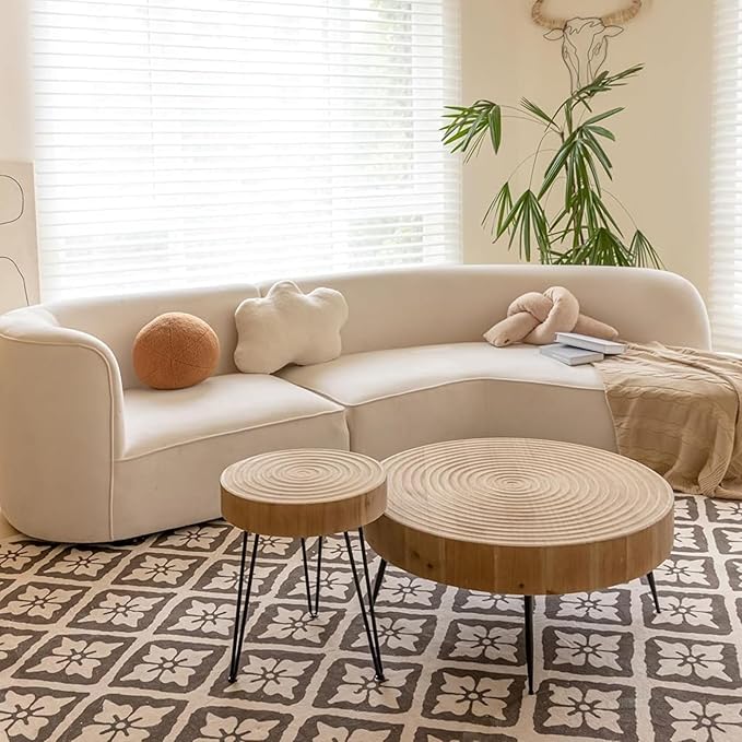 2-Piece Modern Farmhouse Living Room Coffee Table Set, Nesting Table Round Natural Finish with Handcrafted Wood Ring Pattern