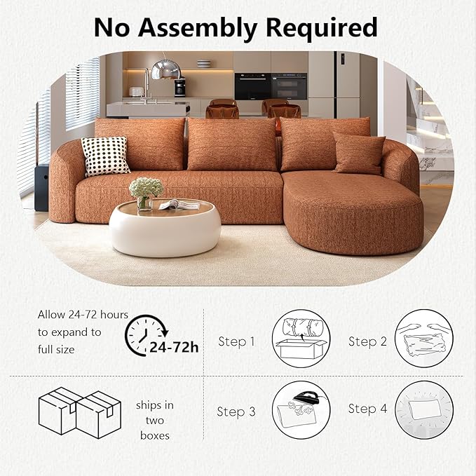 111" Modular Sectional Couches Luxury Modern Curved Back Sofa,Minimalist Comfy L-Shape Boneless Cloud Couch for Living Room Apartment,(Right Facing Chaise,Orange)