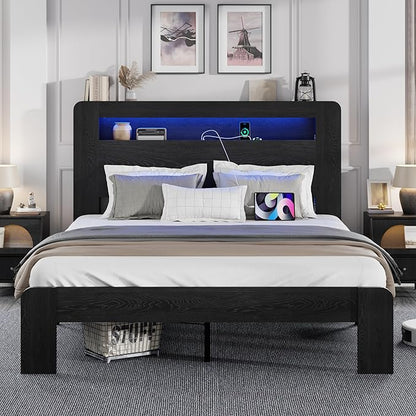 Full Size Wooden Bed Frame with Bookcace Storage Headboard, Rustic Farmhouse Bedframe with LED Lights and Charging Station, Sturdy and Stable, Slat Support, No Box Spring Required (Black, Full)