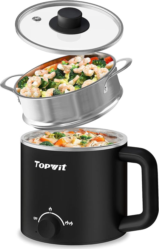 Topwit Hot Pot Electric with Steamer, 1.6L Ramen Cooker, Electric Pot