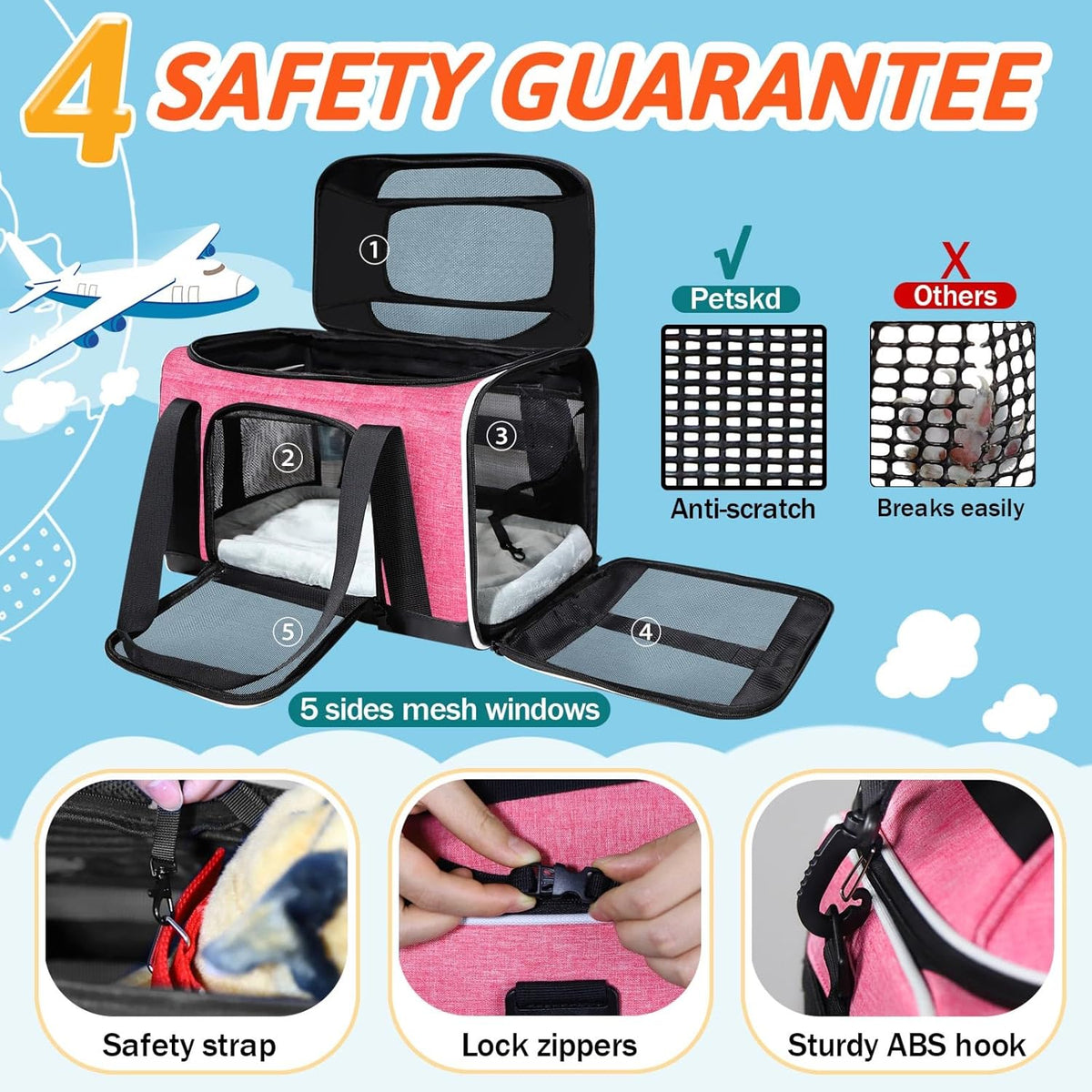 Petskd Top-Expandable Pet Carrier 18x13x9.5 Inches Southwest Airline Approved, Soft-Sided Carrier for Small Cats and Dogs with Locking Safety Zippers and Anti-Scratch Mesh(Pink)