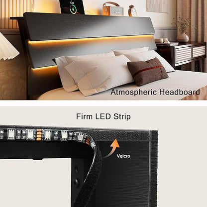 Floating Bed Frame King Size with Led Headboard and Charging Station, Metal Platform Bed Base with Storage, Remote Control, Heavy Slats Support, No Box Spring Needed, Noise Free, Black