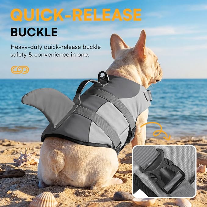 Dog Life Jacket Ripstop Shark Dog Safety Vest Adjustable Preserver with High Buoyancy and Durable Rescue Handle for Small,Medium,Large Dogs, Grey Shark X-Small