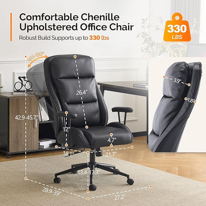 VINGLI Executive Ergonomic Office Chair with 100-130° Reclining, High-Back Desk Chair with Adjustable Base & Headrest Support & Wheels, Comfy Gaming Chair for Computer, Home Office, Pu-Leather, Black