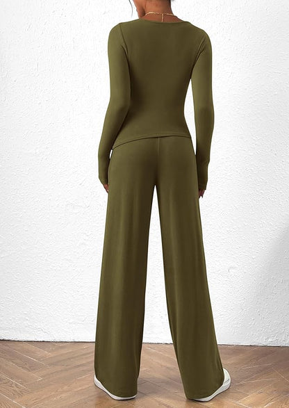 PRETTYGARDEN Women's 2 Piece Lounge Sets Asymmetrical Long Sleeve T Shirt Wide Leg Pants Casual Outfits Tracksuit