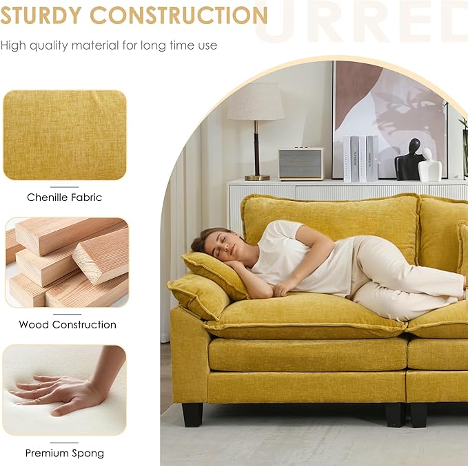 URRED Cloud Couch Modular Sectional Sofa, 87" Modern L Shaped Deep Seat Sofa with Ottoman & Pillows, Ultra Comfy Chenille Couches for Living Room, Bedroom or Apartment, Yellow